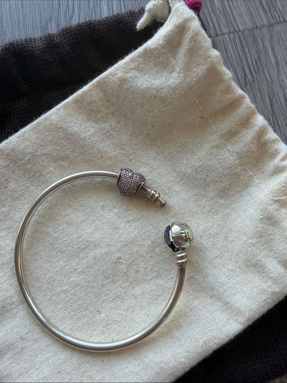 Pandora Silver Open Bangle with Pink Pavé Heart Stopper